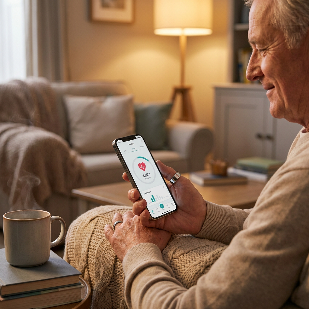 Person checking PulseGuard app comfortably at home